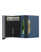Secrid Slimwallet Twist Jeans Blue sisältä avattuna, esillä setelitasku ja useita korttipaikkoja.