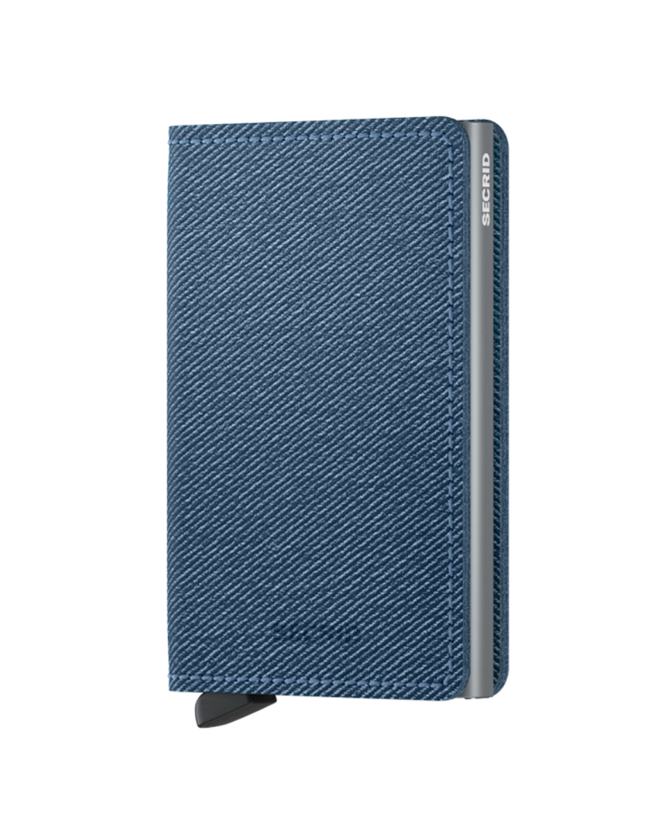 Secrid Slimwallet Twist Jeans Blue -korttilompakko suljettuna edestä katsottuna.