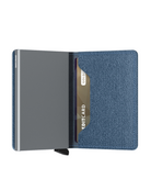 Secrid Slimwallet Twist Jeans Blue avattuna, näkyvissä korttitasku ja sisäpuolen materiaali.