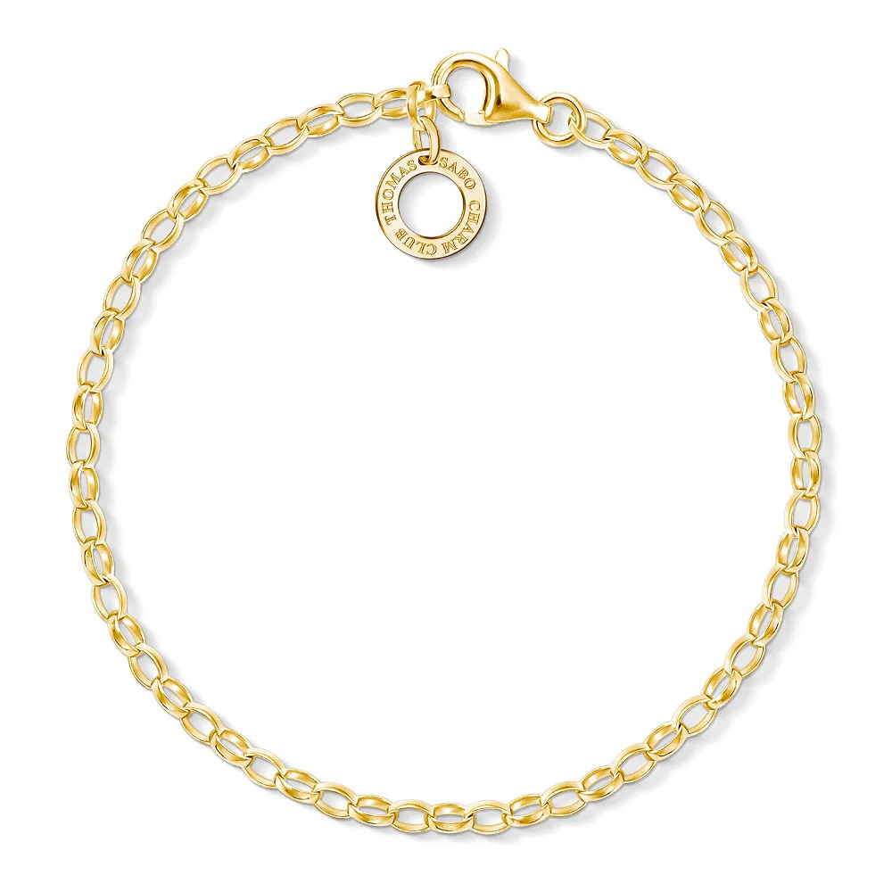 Guldpläterat Thomas Sabo Charm Club X0243-413-39 charm-armband med karbinhake och logobricka.